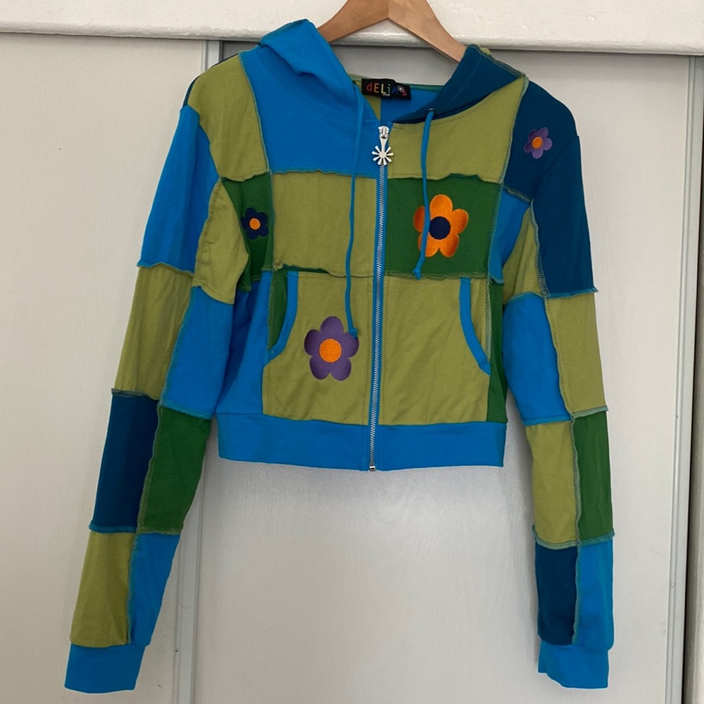 Dolls Kill x Delia’s Later Days Patchwork Daisy Cropped Hoodie